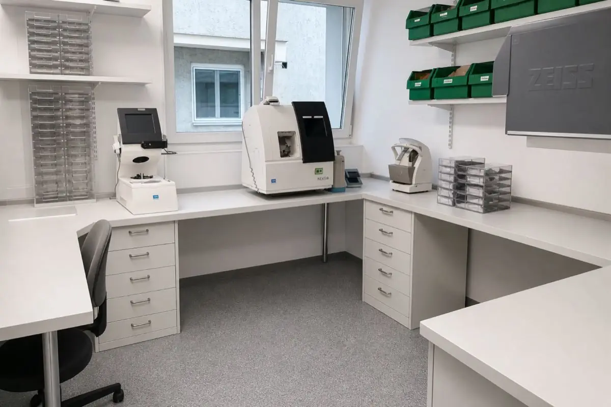 Aufgeräumter Betriebsraum eines Optikers nach der Reinigung