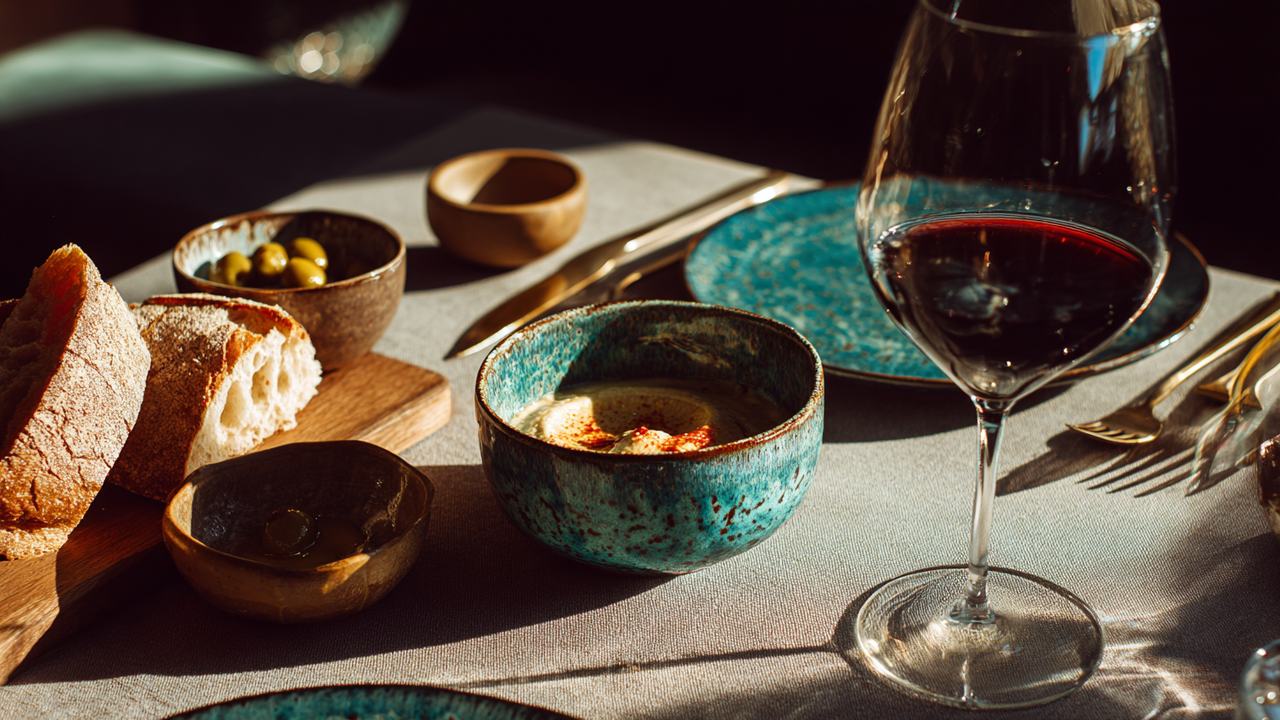 Akşam sofrası: ekşi maya ekmek, zeytin, sırlı seramik kâsede humus ve bir kadeh kırmızı şarap.