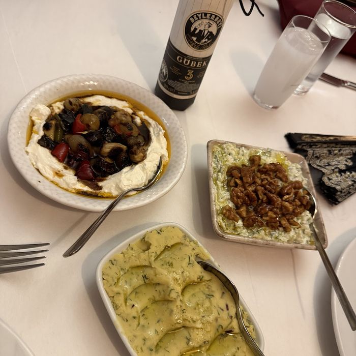 Meze tabakları ve rakı şişesi.