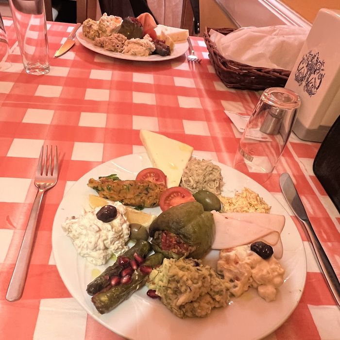 Kırmızı kareli örtü üzerinde meze tabağı.
