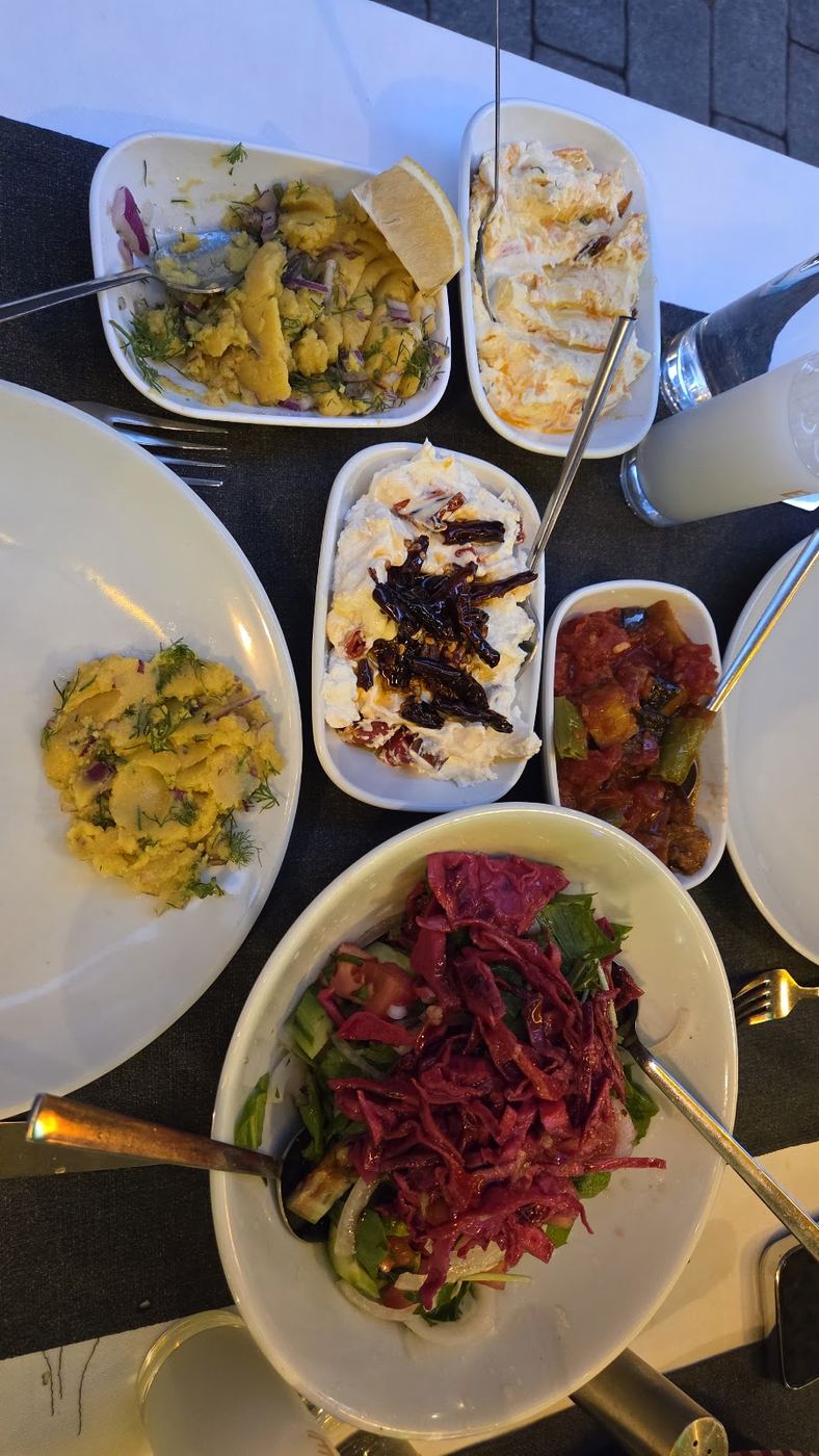 Masaya yayılmış meze tabakları.